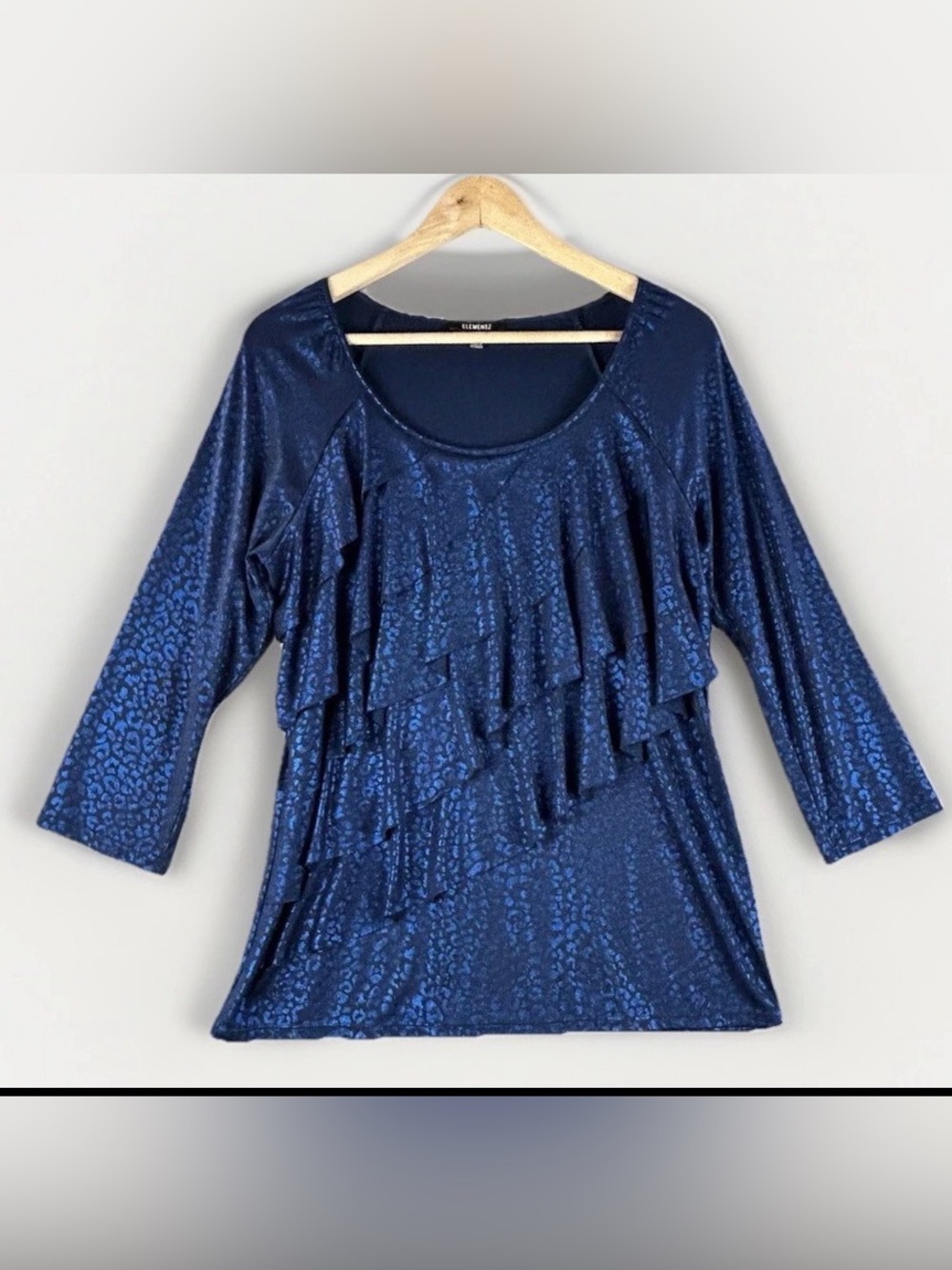 Elementz Shimmery Navy Blue Ruffle Scoop Neck Long Sleeve Top